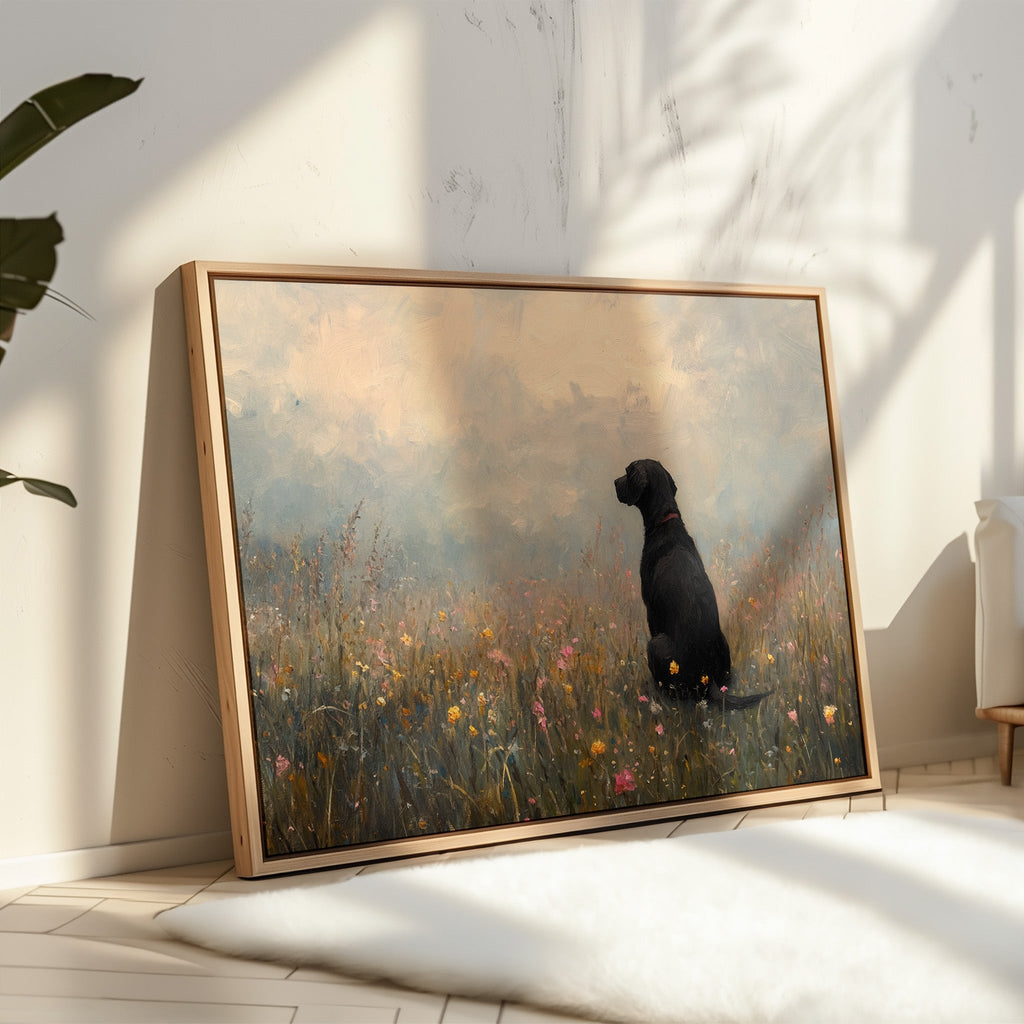 Labrador noir serein dans les fleurs sauvages - Impression d'art rustique avec chien