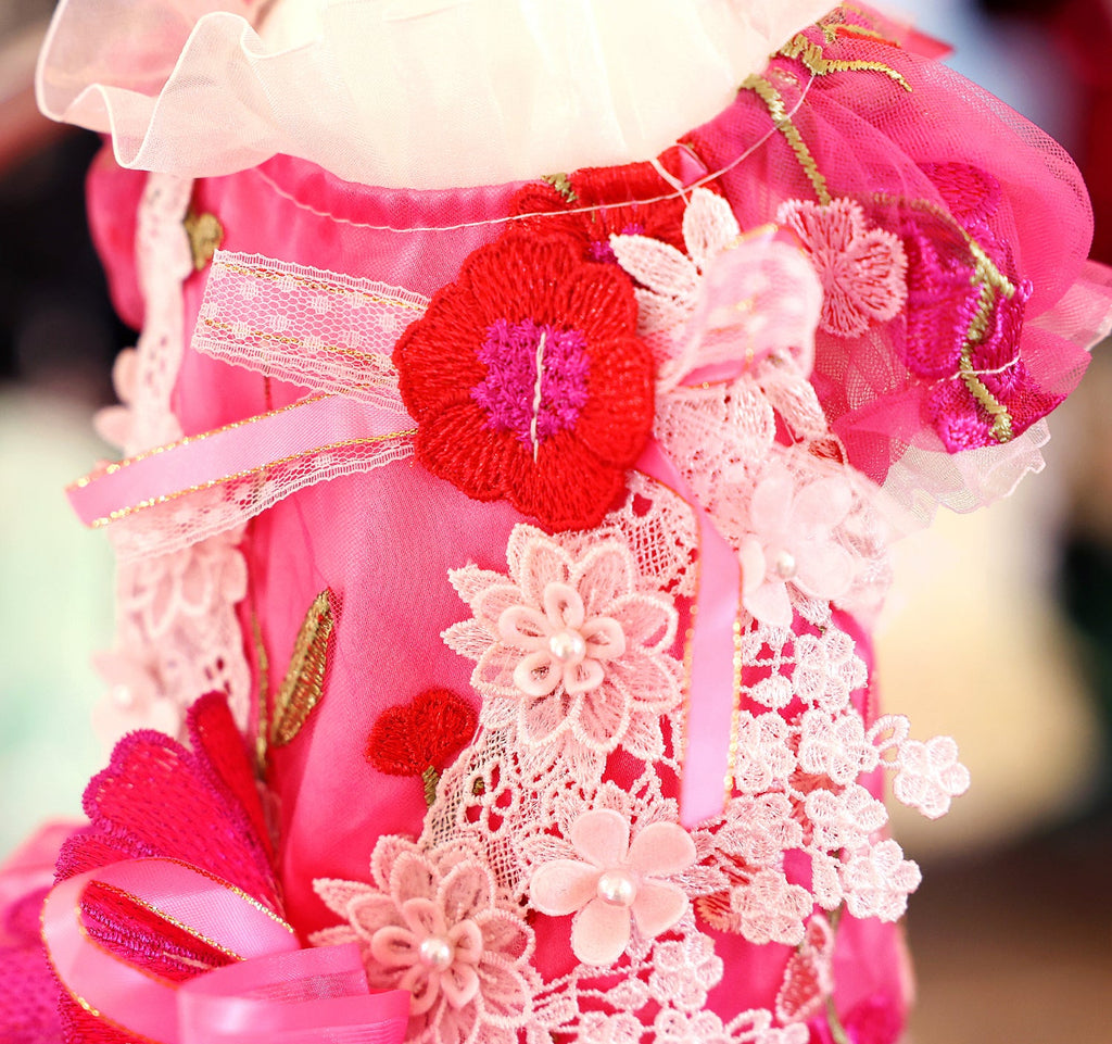 Handmade 3D Floral Embroidered Pet Gown – Hot-Pink Princess Train Dress