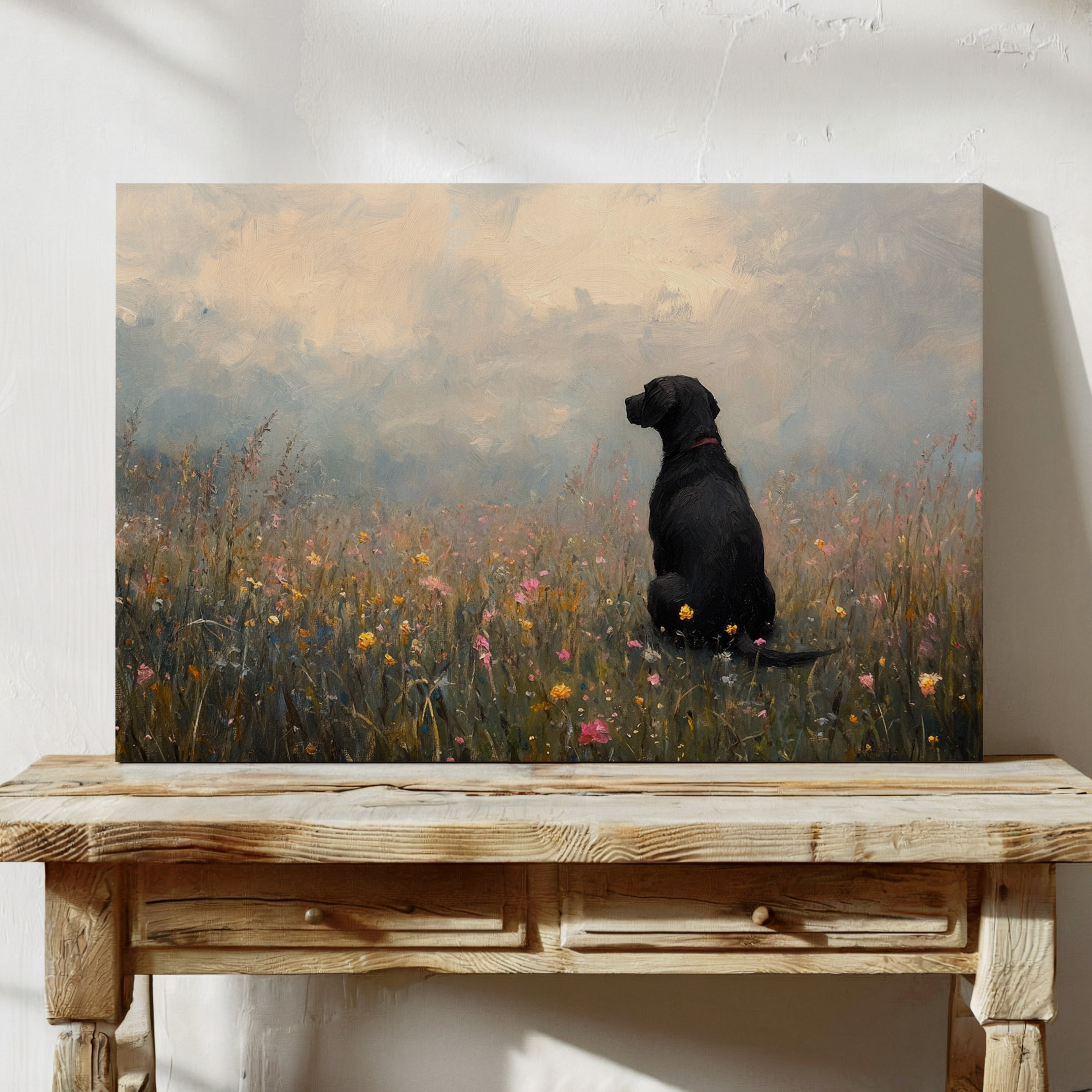 Labrador noir serein dans les fleurs sauvages - Impression d'art rustique avec chien