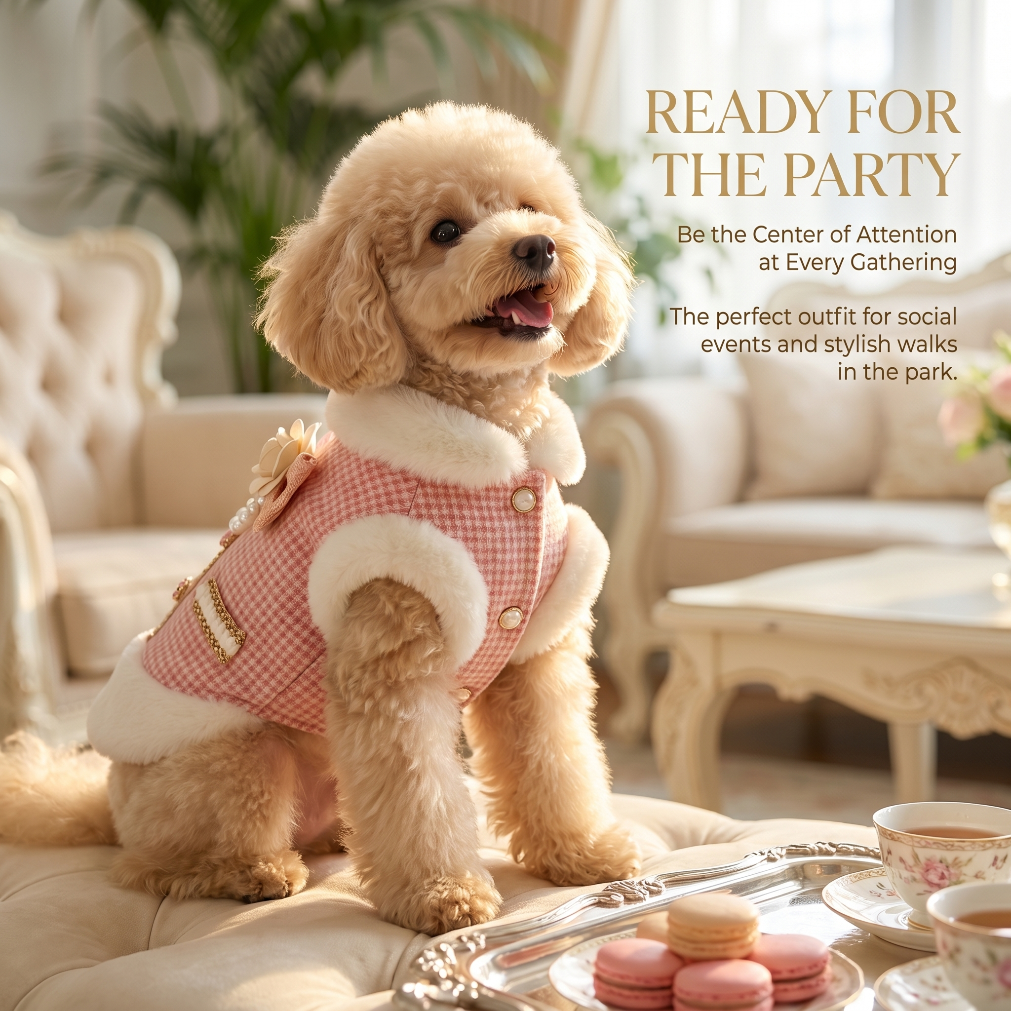 Pink Tweed Pearl Dog Coat Vest with Faux Fur Trim