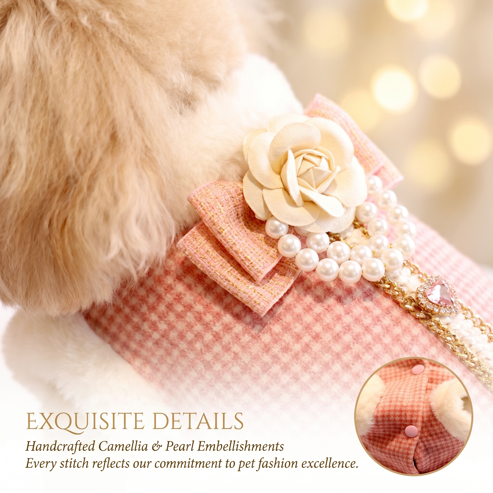 Pink Tweed Pearl Dog Coat Vest with Faux Fur Trim
