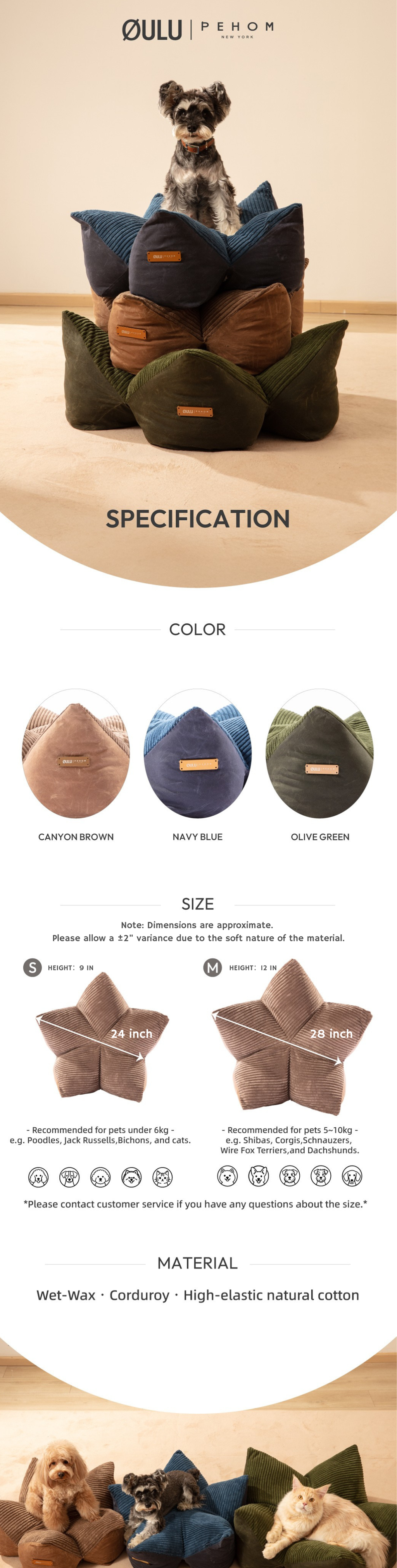 OULU X PEHOM - LIT COUSSIN DOUILLET POUR ANIMAUX DE COMPAGNIE - Bleu marine / Vert olive / Brun canyon