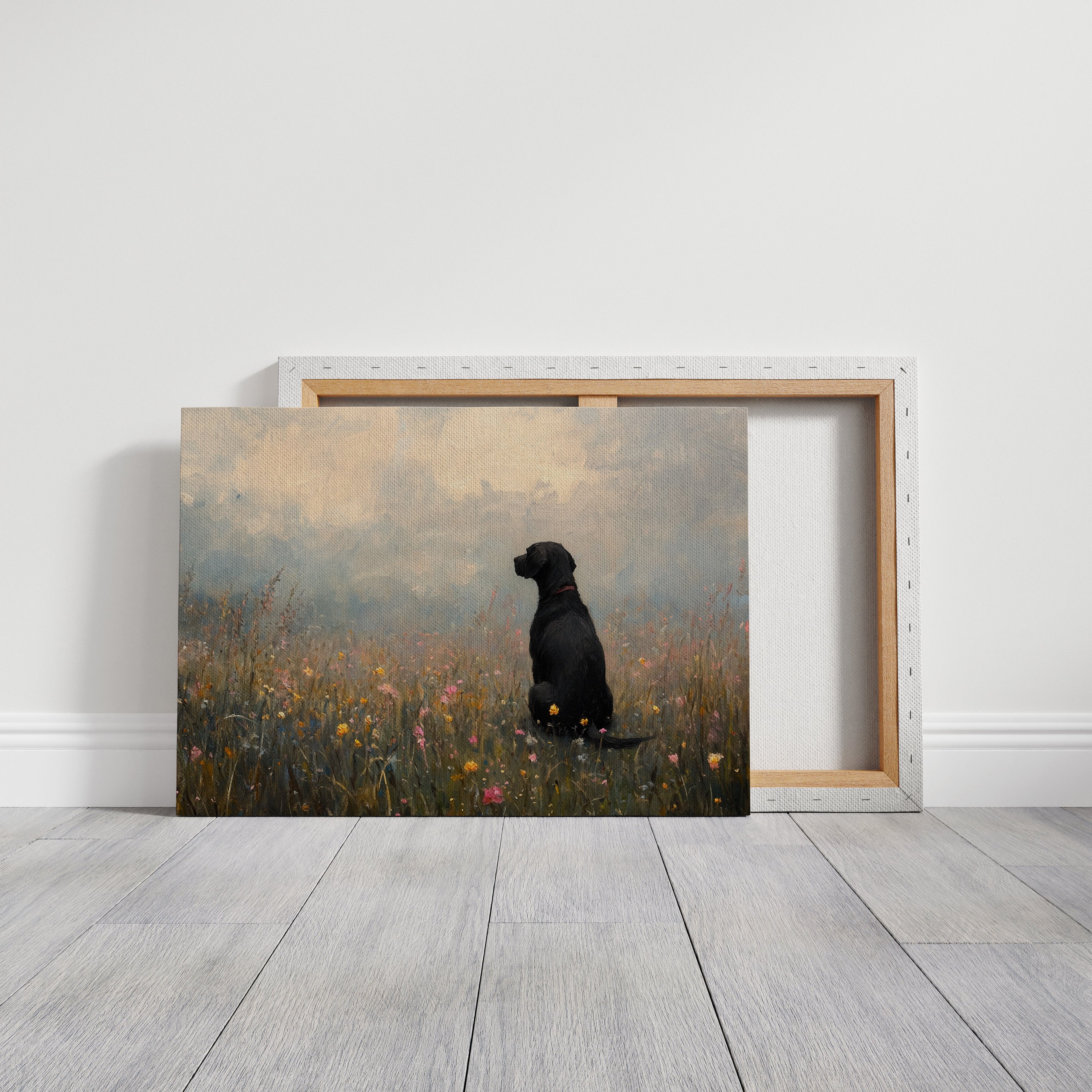 Labrador noir serein dans les fleurs sauvages - Impression d'art rustique avec chien