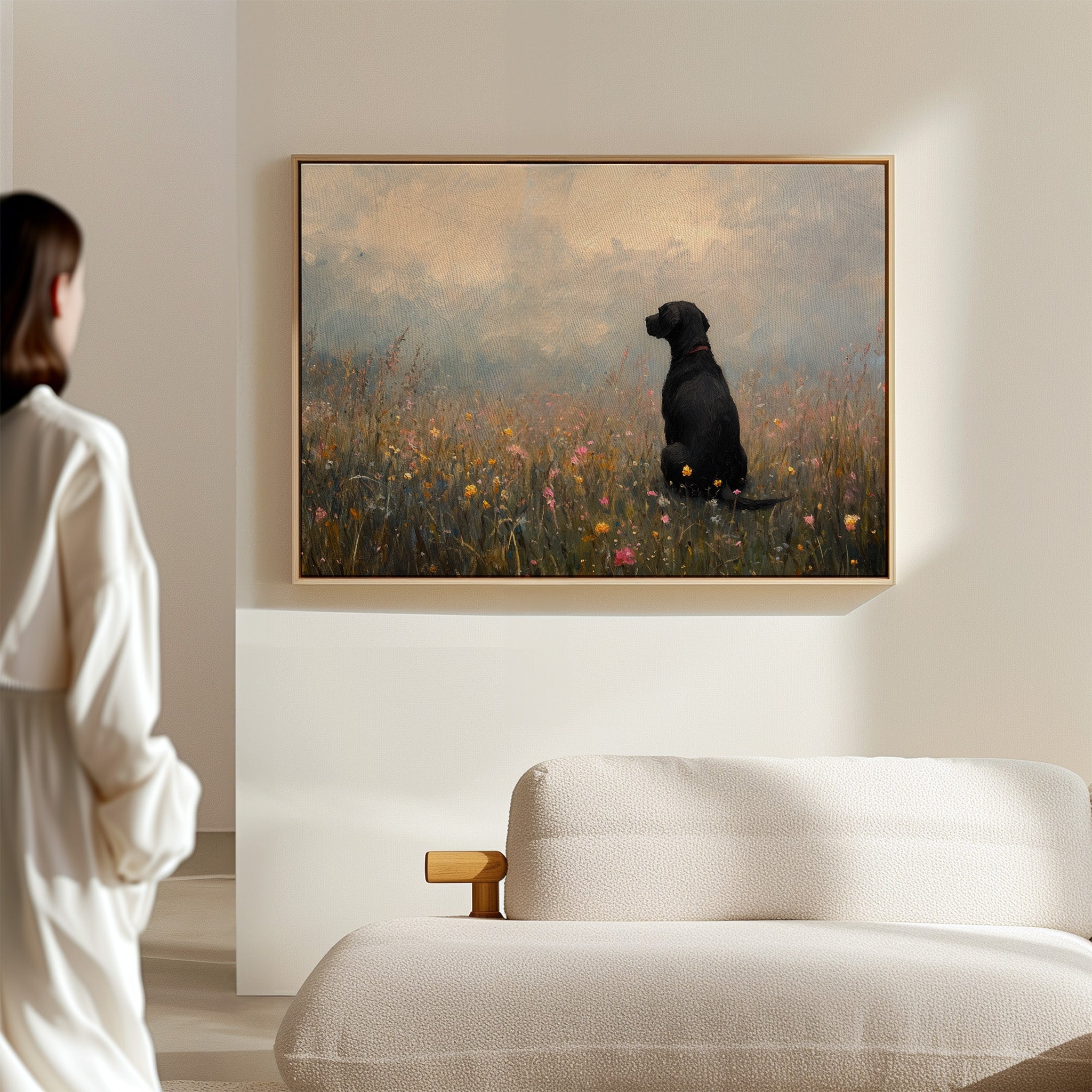 Labrador noir serein dans les fleurs sauvages - Impression d'art rustique avec chien