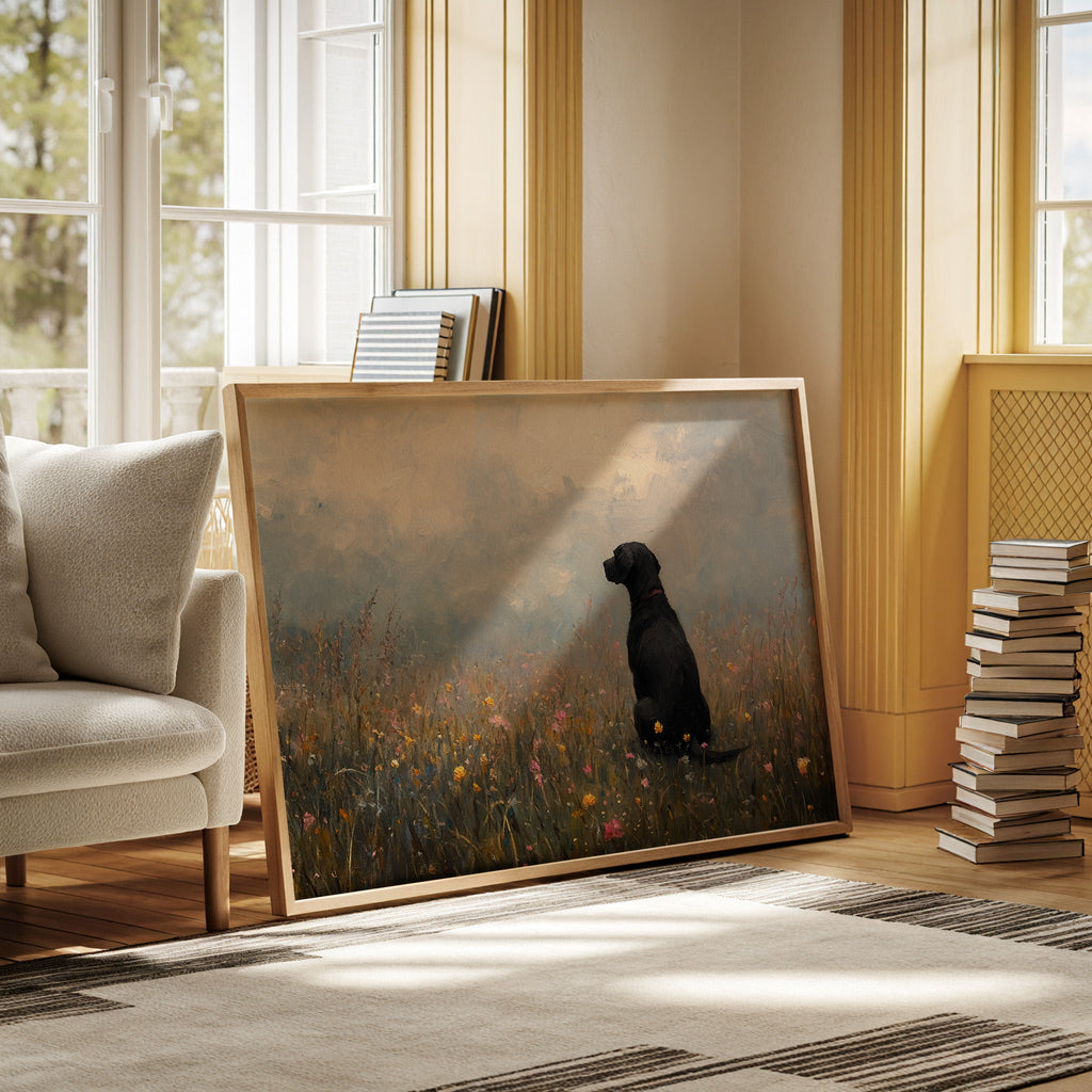 Labrador noir serein dans les fleurs sauvages - Impression d'art rustique avec chien