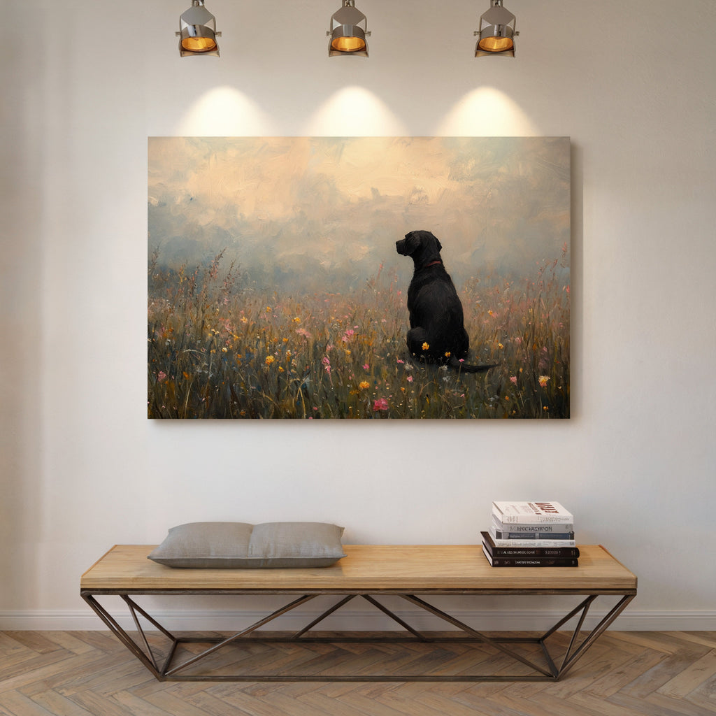 Labrador noir serein dans les fleurs sauvages - Impression d'art rustique avec chien