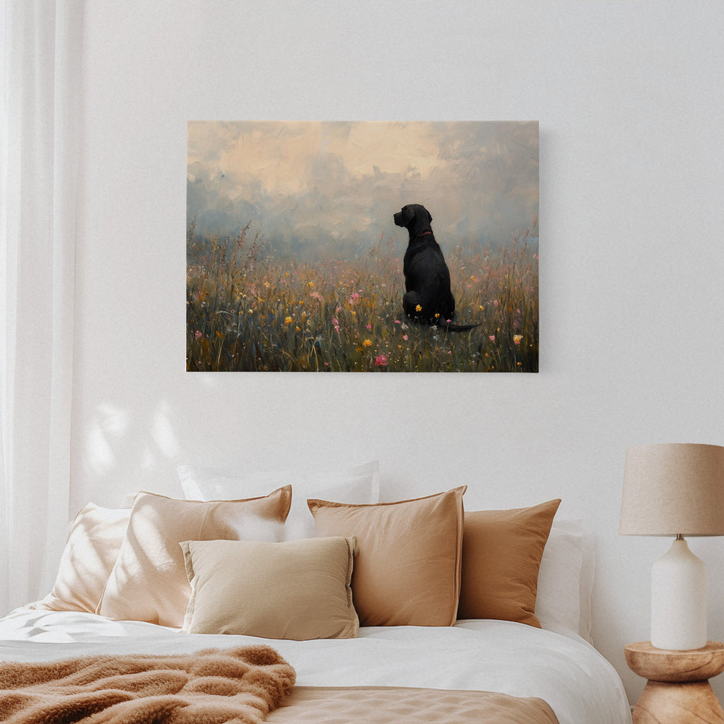 Labrador noir serein dans les fleurs sauvages - Impression d'art rustique avec chien