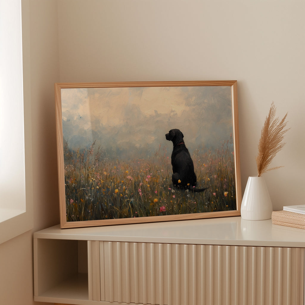 Labrador noir serein dans les fleurs sauvages - Impression d'art rustique avec chien