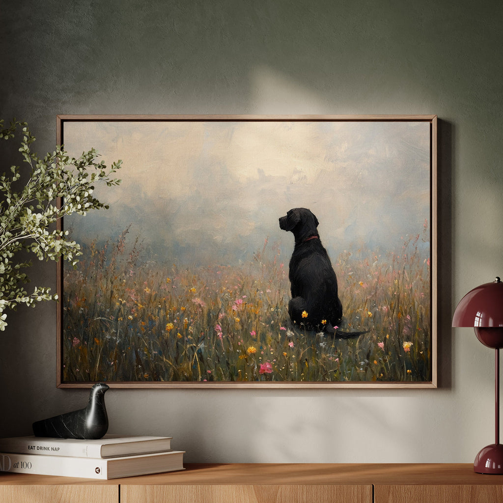 Labrador noir serein dans les fleurs sauvages - Impression d'art rustique avec chien