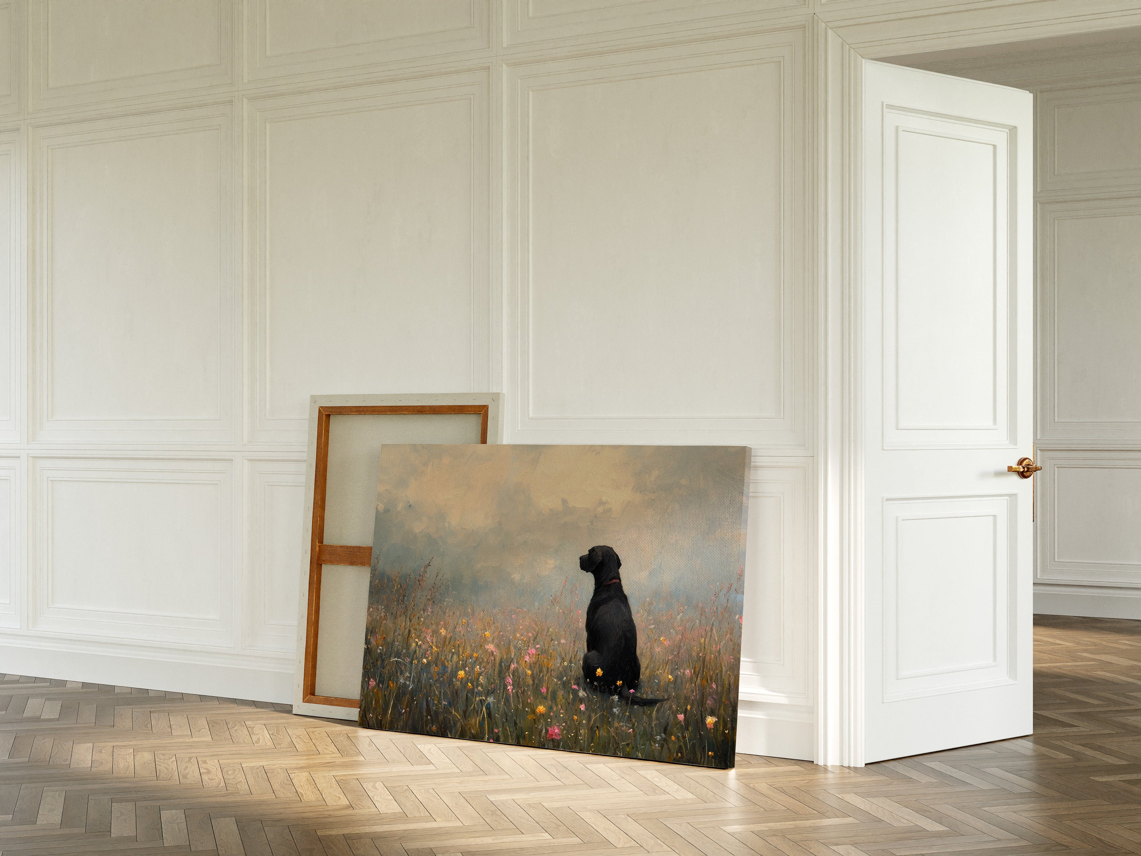 Labrador noir serein dans les fleurs sauvages - Impression d'art rustique avec chien