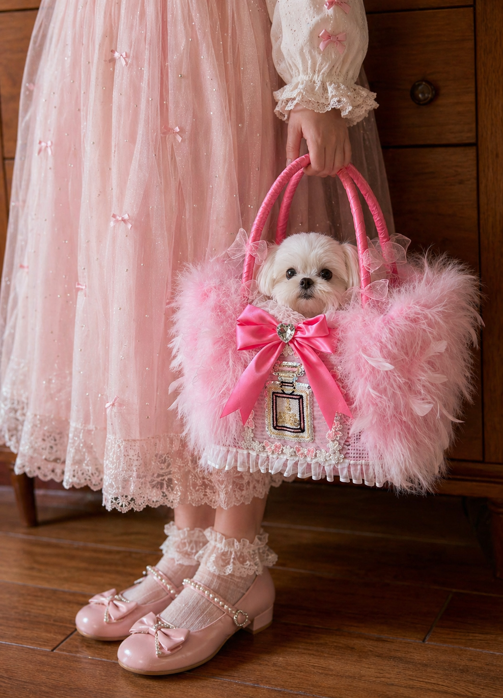 Luxury Pink Feather Pet Carrier Bag with Bow & Crystal Charm – Designer Dog Tote for Small Dogs Cats
