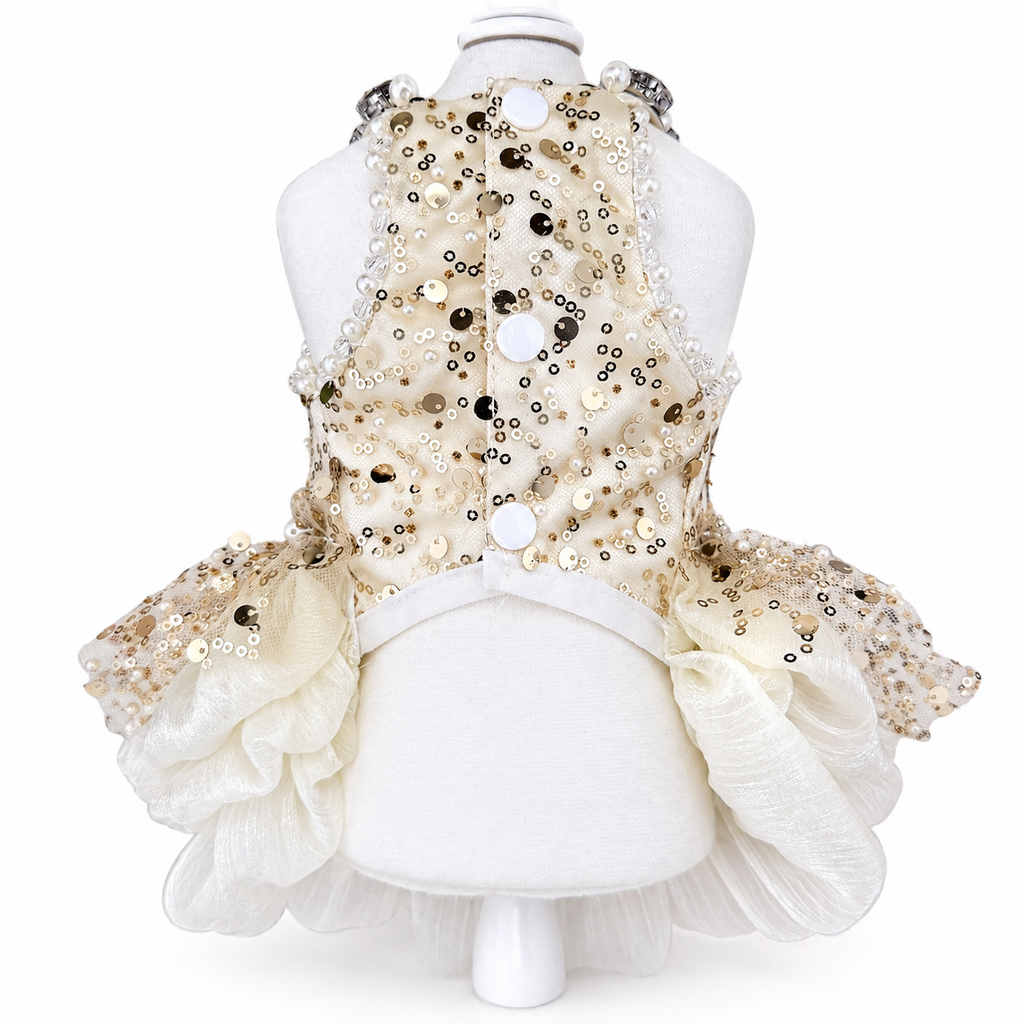 Luxury Dog Dress Gold Sequin Princess Dress – Elegant Puppy Wedding Outfit with Pearl Detail