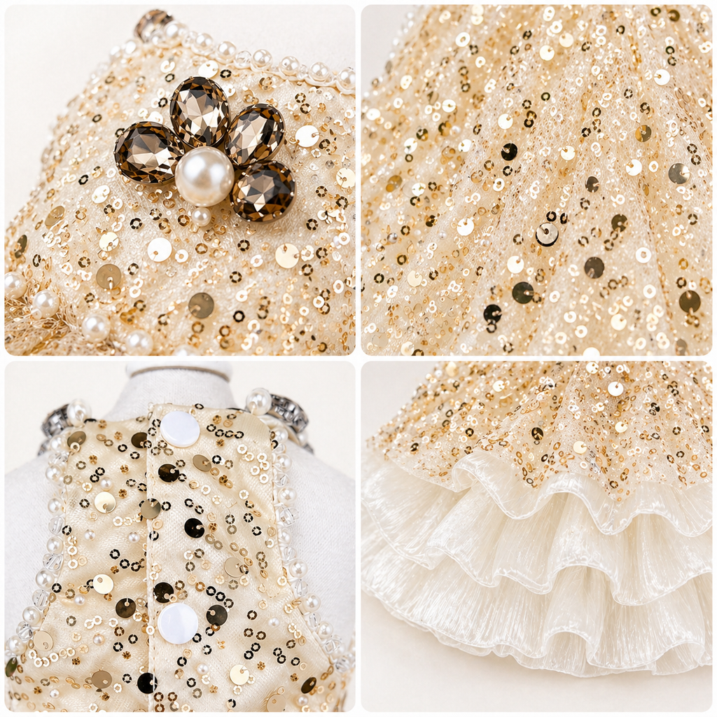 Luxury Dog Dress Gold Sequin Princess Dress – Elegant Puppy Wedding Outfit with Pearl Detail