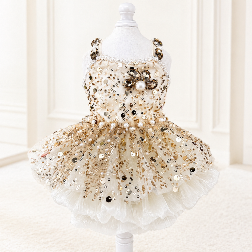 Luxury Dog Dress Gold Sequin Princess Dress – Elegant Puppy Wedding Outfit with Pearl Detail