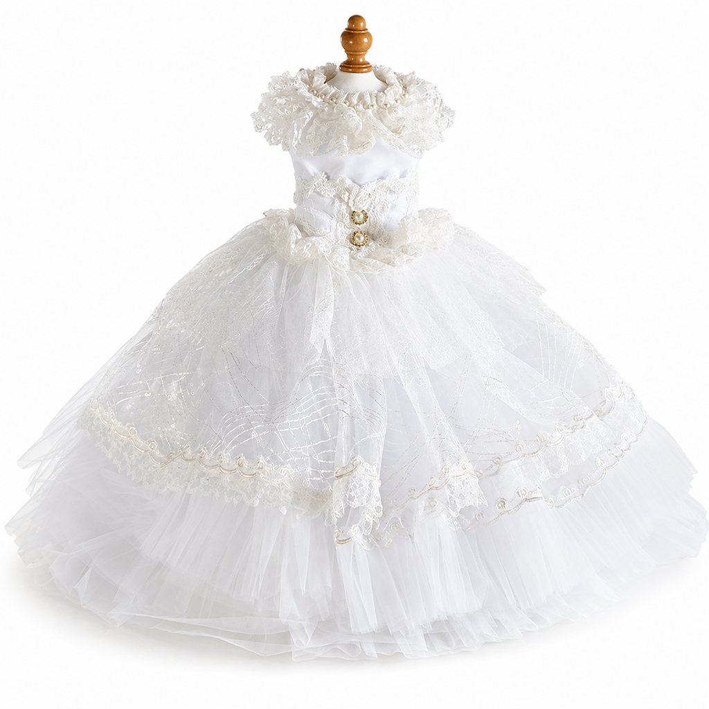 Handmade Victorian Luxury White Dog Wedding Dress with Crinoline Skirt – Bridal Pet Gown for Ceremony & Photoshoot