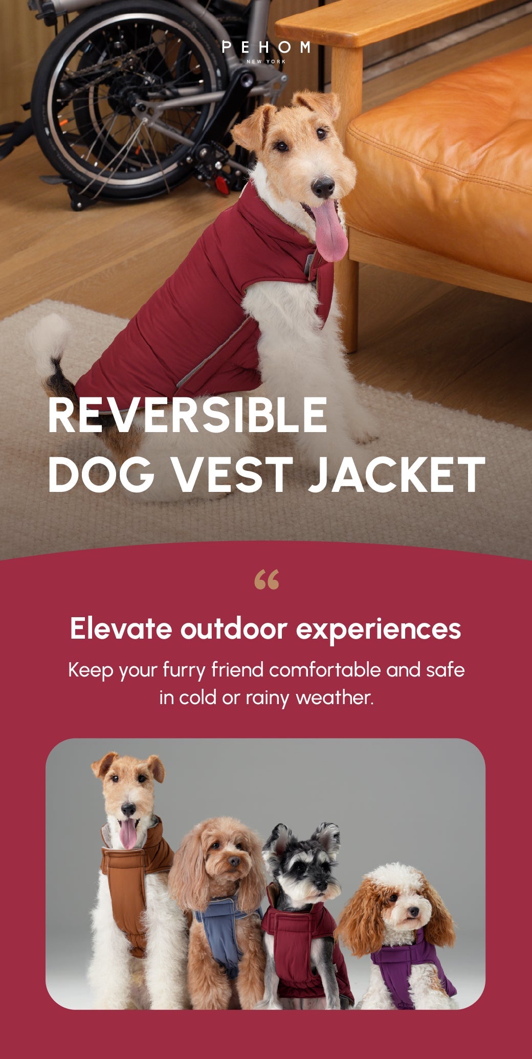 Doudoune réversible pour chien - Rouge Marron