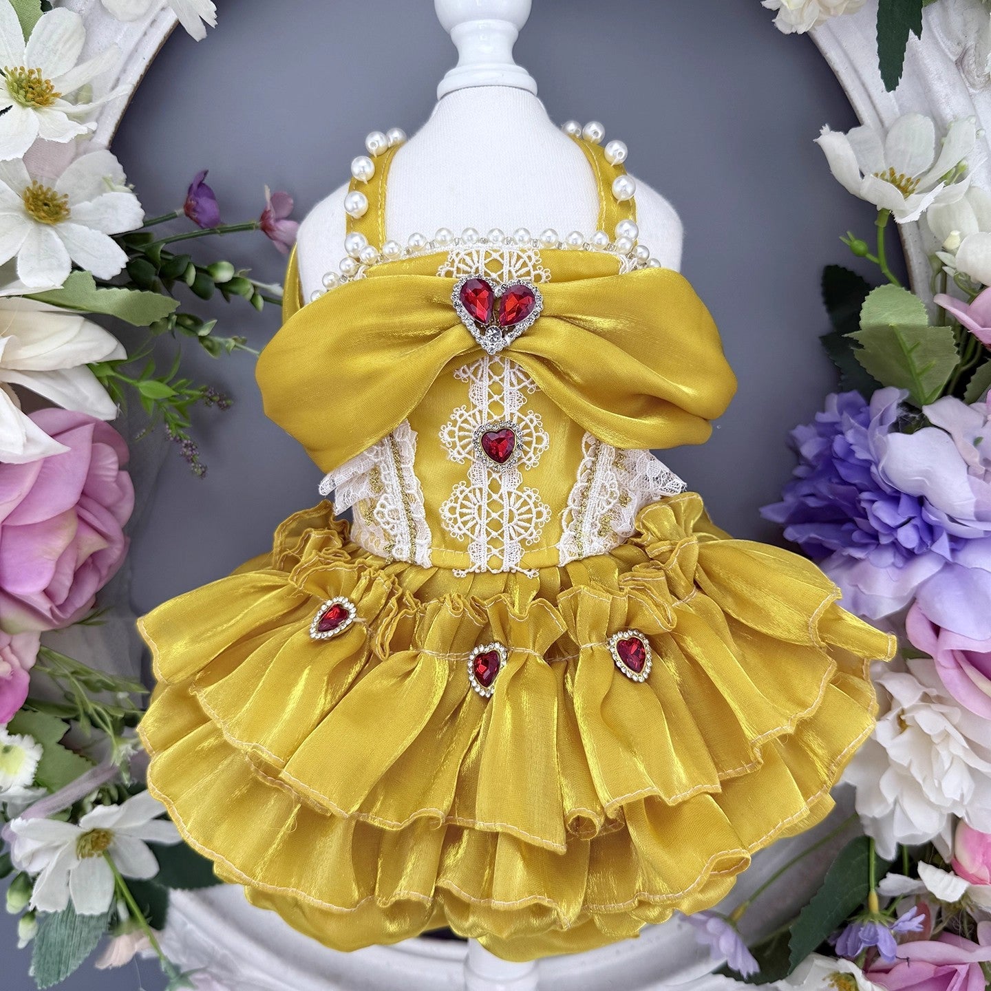 Handmade Golden Heart Jewel Dog Dress