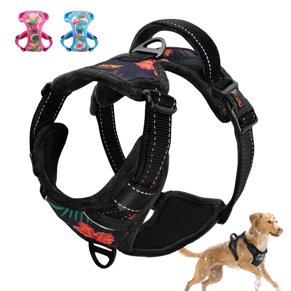 Reflective Padded Dog Harness+Leash Set with Floral Print