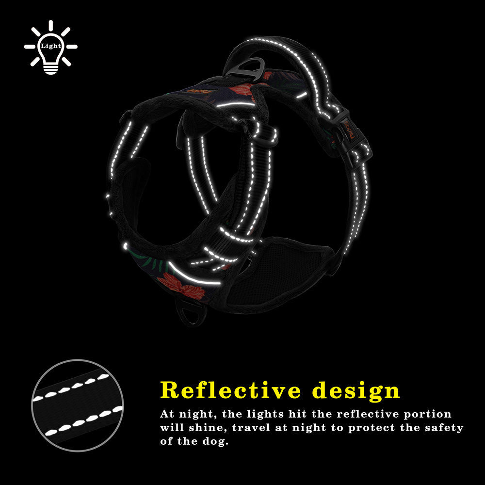 Reflective Padded Dog Harness+Leash Set with Floral Print