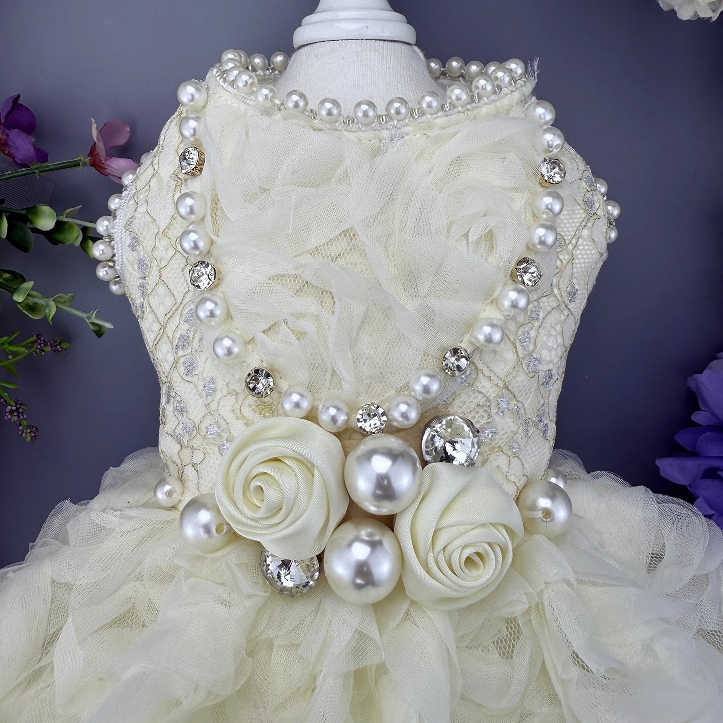 Handmade Luxury Pearl & Rose Lace Pet Dress