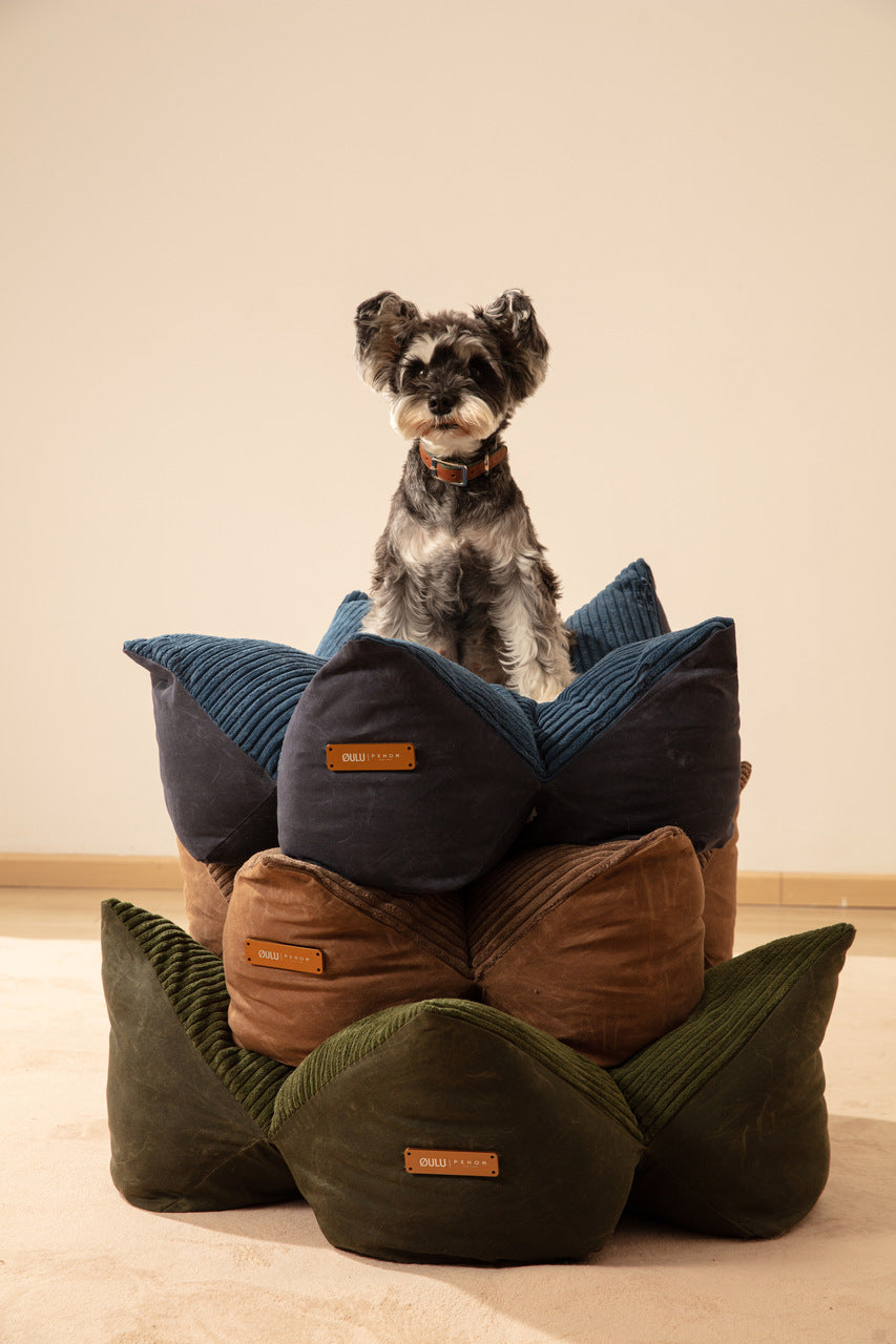 OULU X PEHOM - LIT COUSSIN DOUILLET POUR ANIMAUX DE COMPAGNIE - Bleu marine / Vert olive / Brun canyon