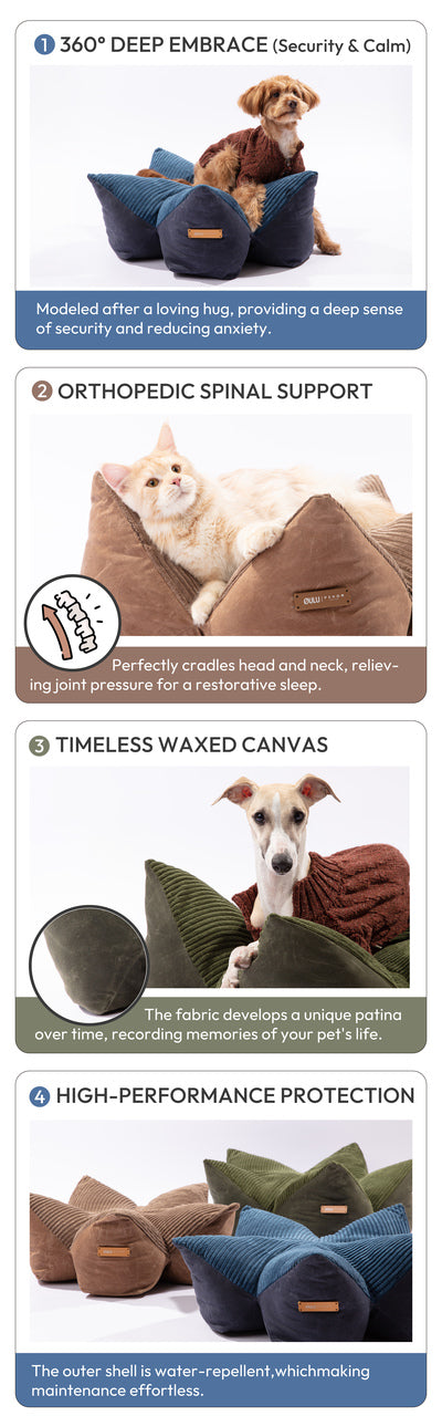OULU X PEHOM - LIT COUSSIN DOUILLET POUR ANIMAUX DE COMPAGNIE - Bleu marine / Vert olive / Brun canyon