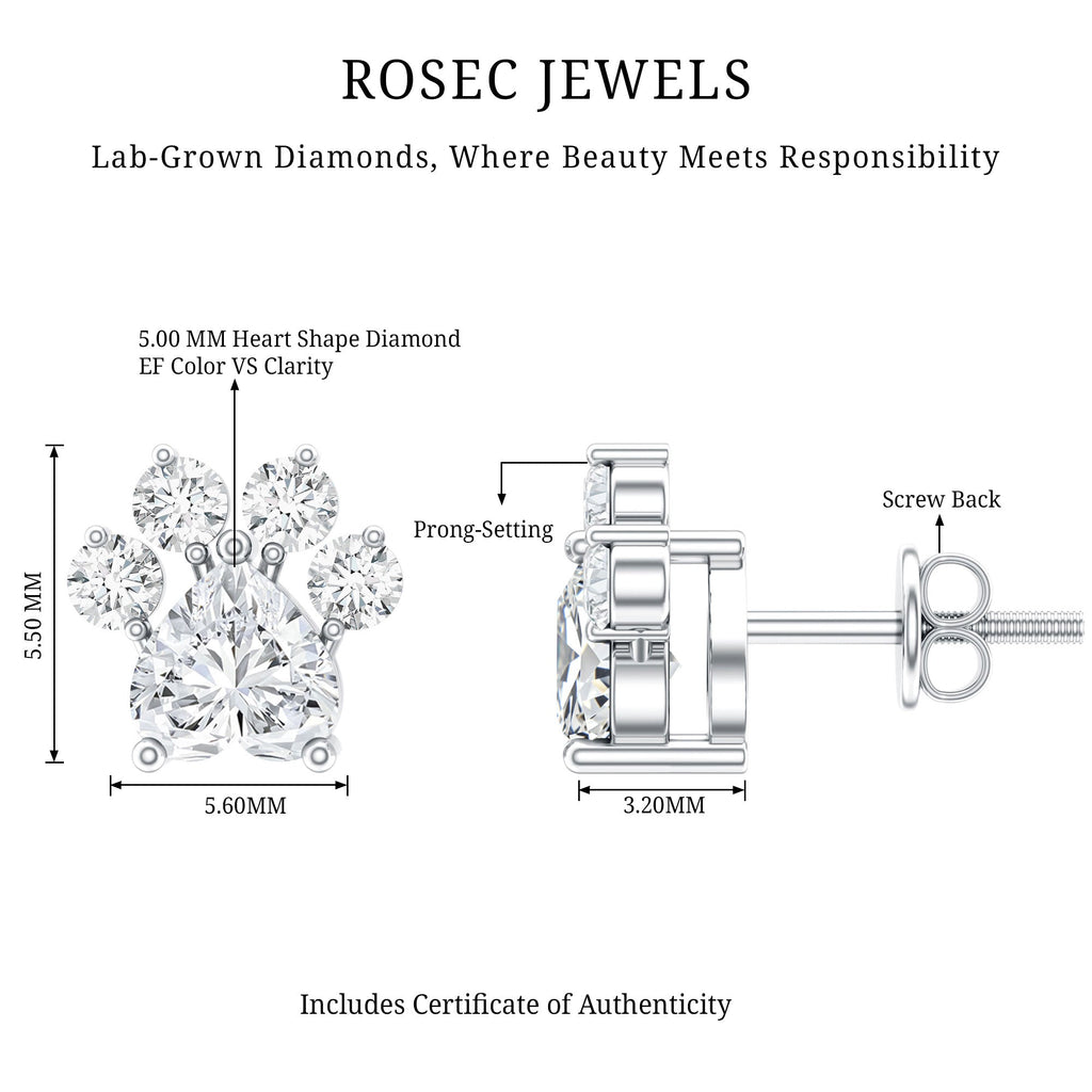 Boucles d'oreilles clous en forme de patte de chien, diamant de laboratoire certifié